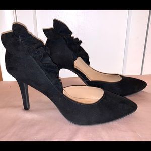 Ruffle heeled, faux suede stilettos